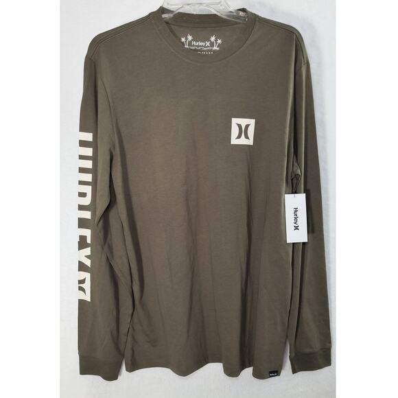 Hurley Logo T-Shirt Men's Size M Green Long Sleeve Crew Neck Cotton Pullover Tee - Picture 4 of 11
